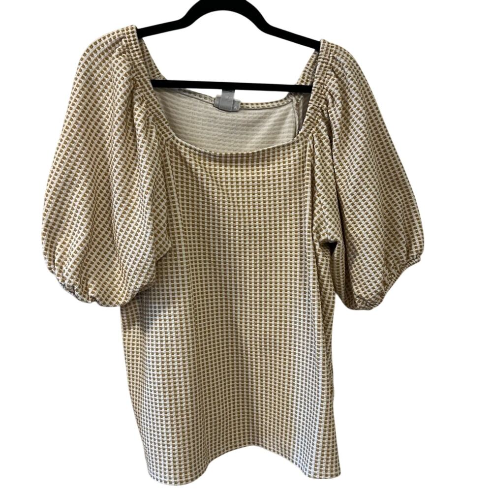 Ava & Viv Mustard Yellow and White Gingham Puff Sleeve Blouse Size 2x